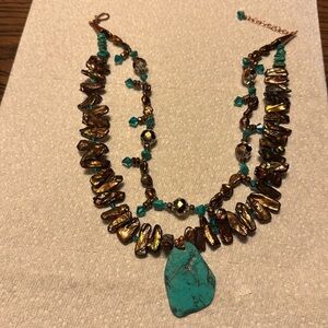 Bronze biwa pearls with turquoise necklace
